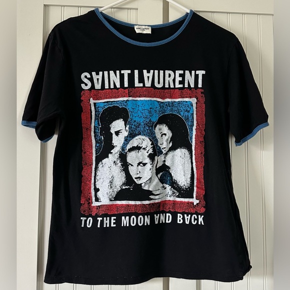 Saint Laurent To The Moon and Back Ringer Tee Black with Blue Trim size medium